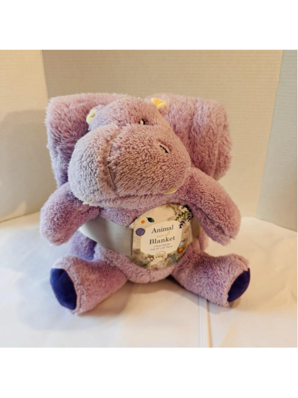 NWT Silver One 2 Piece Plush Purple Hippo Baby Animal & Blanket Gift Set 40x50